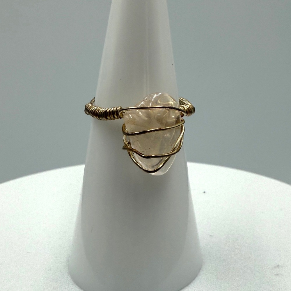 Rose Quartz Wire Wrapped Ring Gold Tone Handmade Artisan Boho Pink Stone Sz 5.25